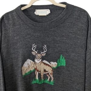 Vintage Grey Deer Mountain Outdoor Embroidered Oversized Knit Sweater sz XL